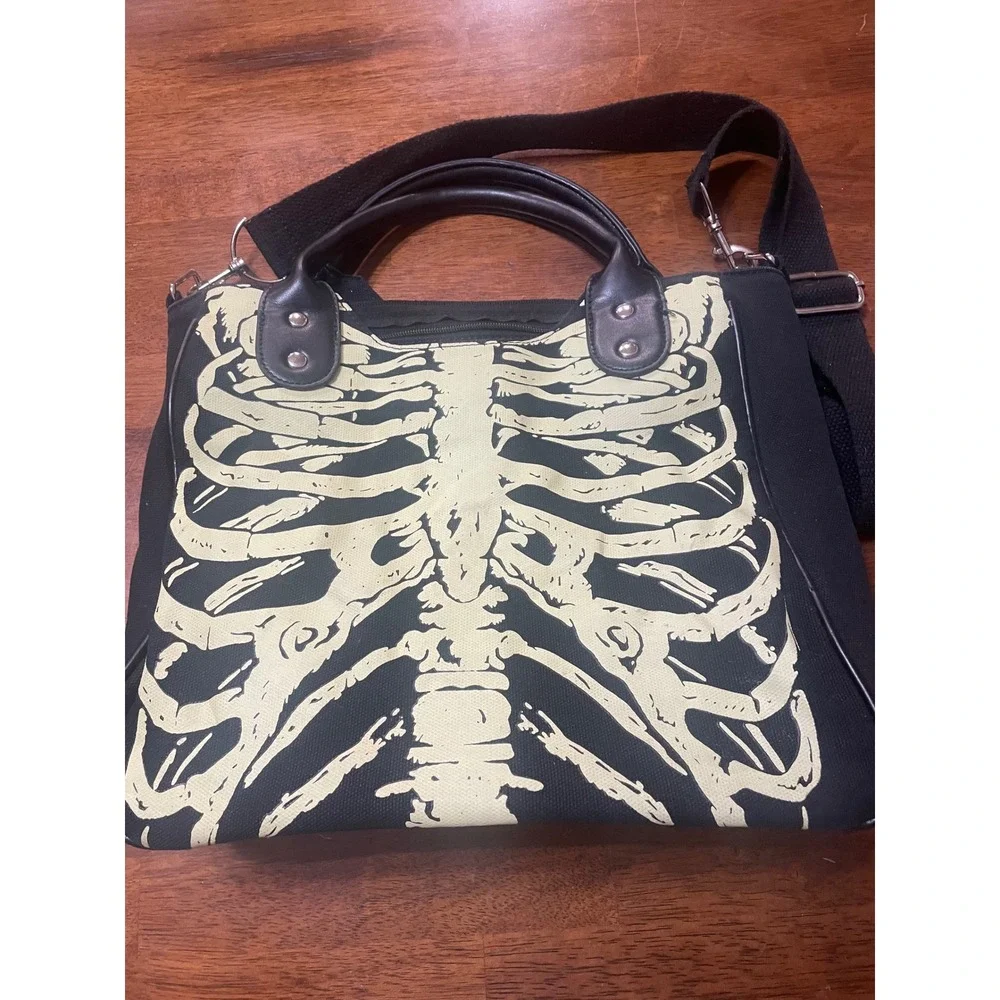 Skeleton Rib Cage Canvas Crossbody Bag Black Gothic Bone Print Tote Handbag